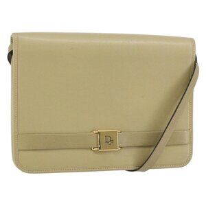 Authentic Christian Dior Shoulder Bag Leather Beige Gold